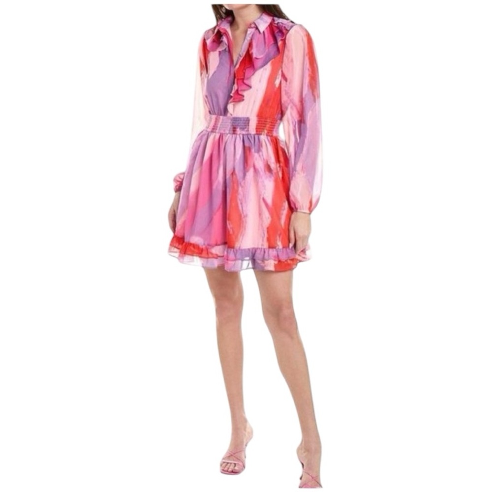 NWT Hutch Kathy Pink Multi Brush Stroke Mini Wrap Ruffled Dress Large 12-14